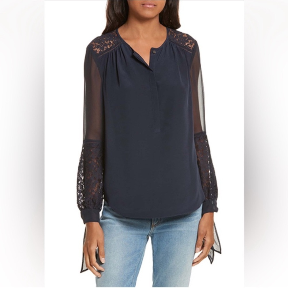 Rebecca Taylor 100% Silk Navy Blouse With Lace Sz 4